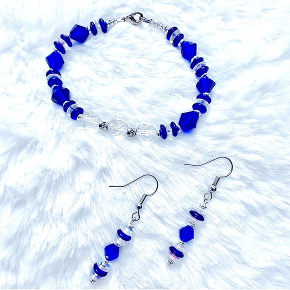 New 16 IN FACET COBALT CRYSTALS 8MM+6MM CRYSTAL RONDELLE AB+COBALT BRACELET SET - Picture 2 of 16